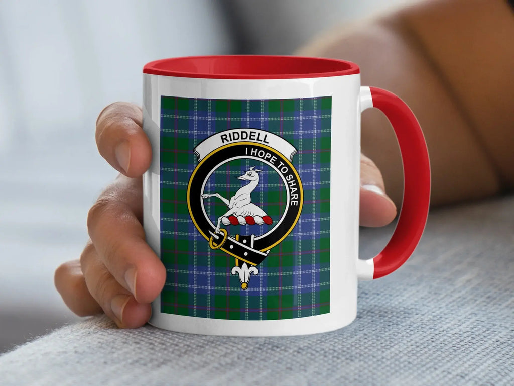 Riddell clan crest tartan accent mug — 15 oz with black handle, Scottish heritage drinkware