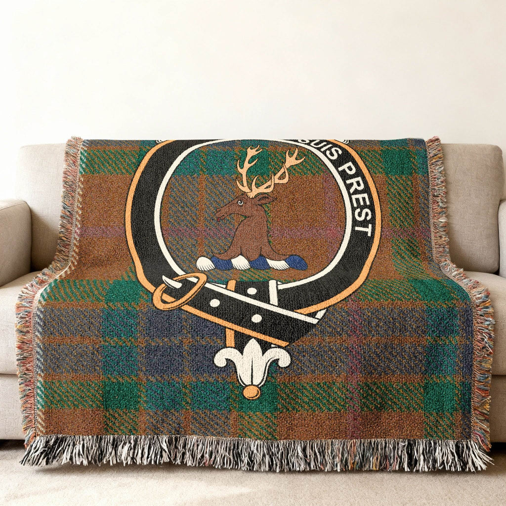 Fraser clan crest woven blanket 52x37 — heirloom cotton, full tartan and crest design