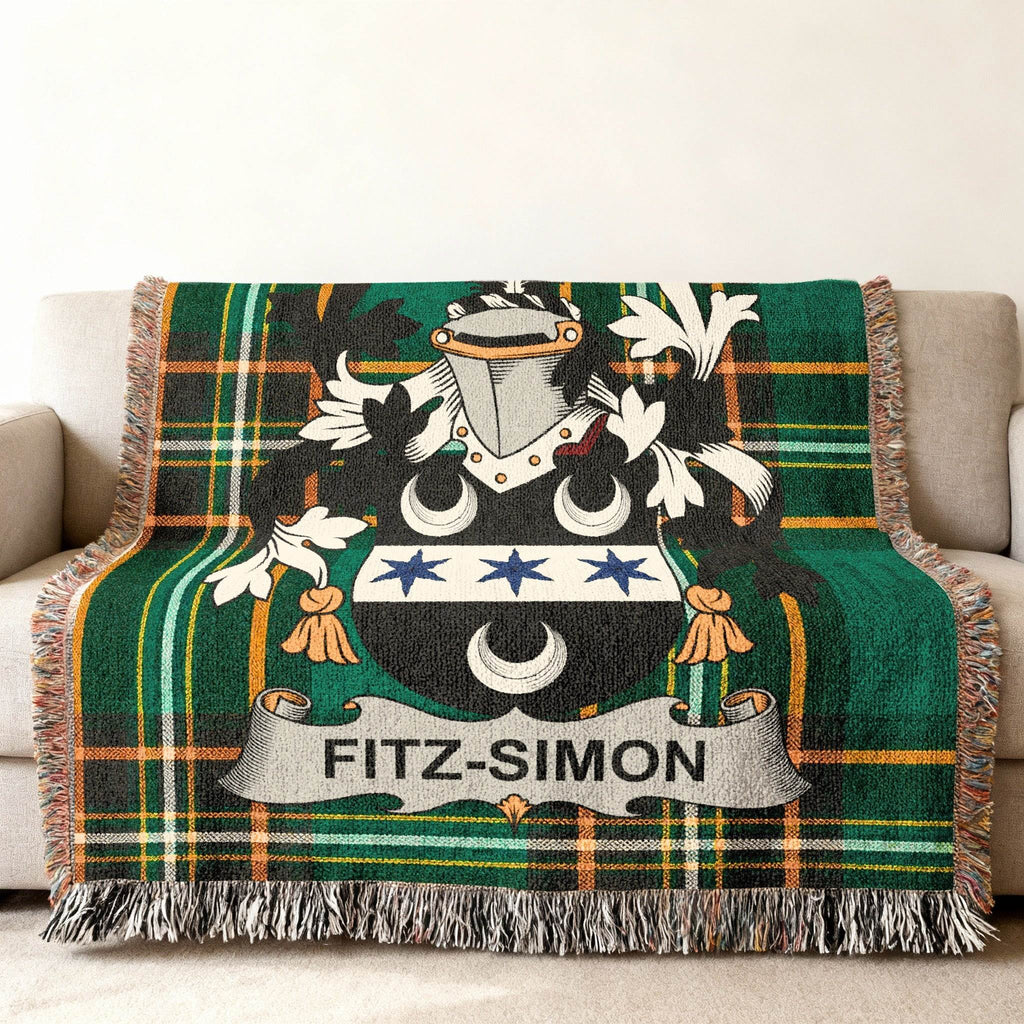 Fitz-Simon family crest woven blanket with green plaid pattern.