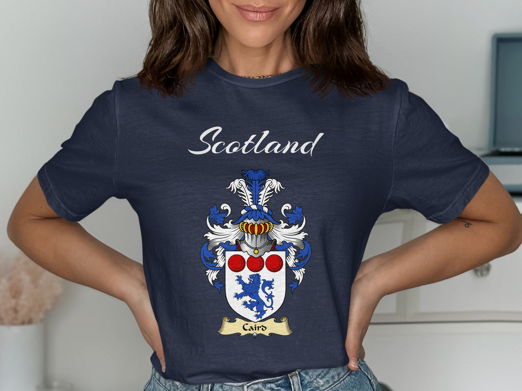 Caird Scottish family shield design on Navy T-shirt