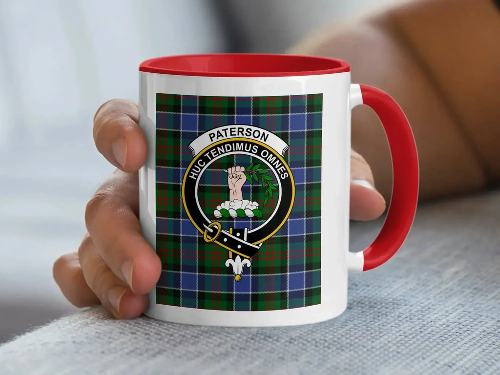 Paterson tartan crest accent mug — 15 oz with black handle, Scottish clan heritage design