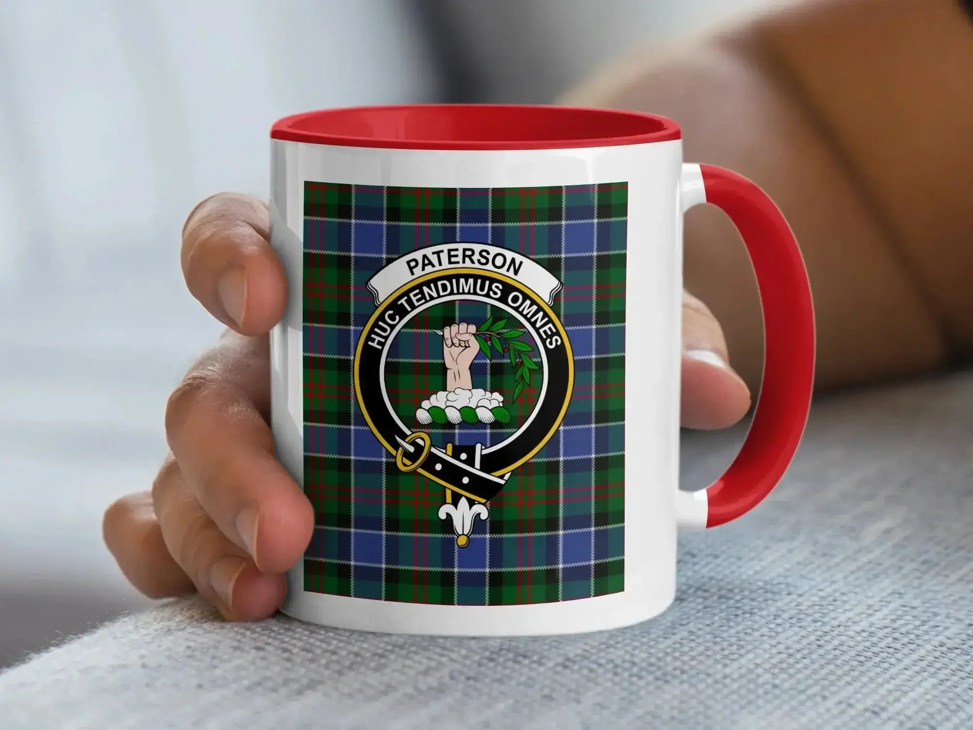 Paterson tartan crest accent mug — 15 oz with black handle, Scottish clan heritage design