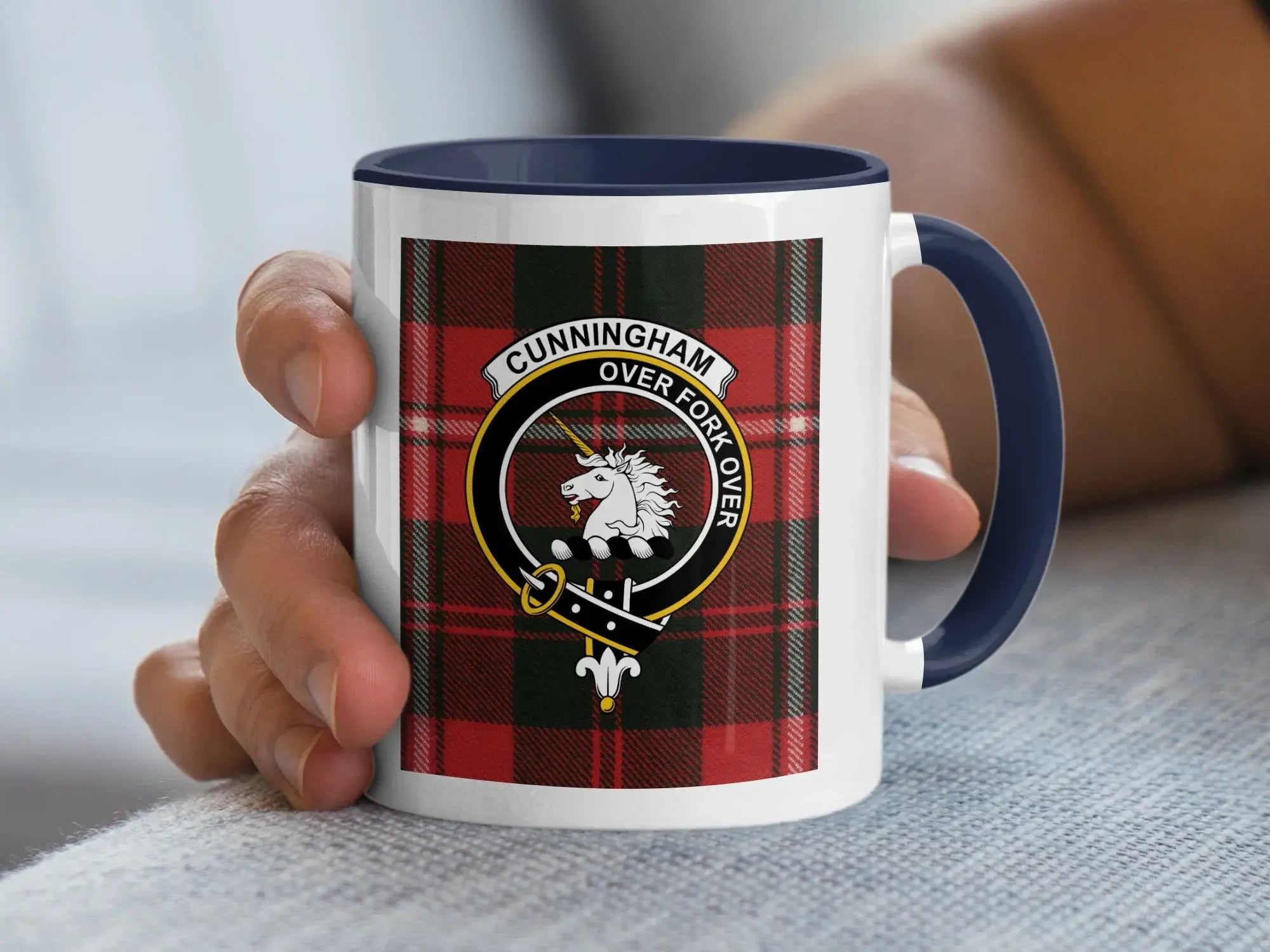 Cunningham clan tartan accent mug 11oz — glossy white ceramic, unicorn crest with Over Fork Over