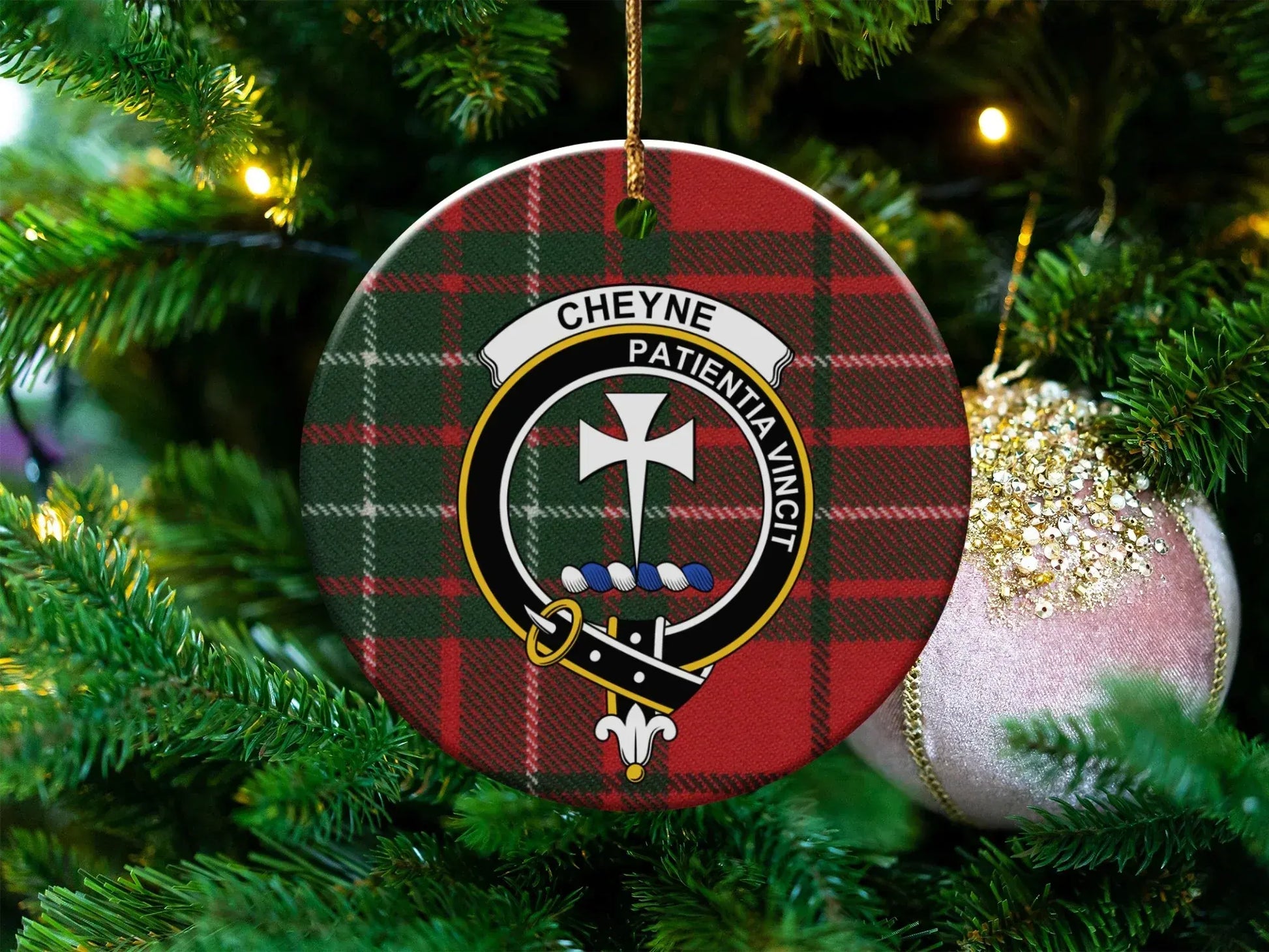 Cheyne Patientia Vincit Plaid Round Ceramic Ornament product