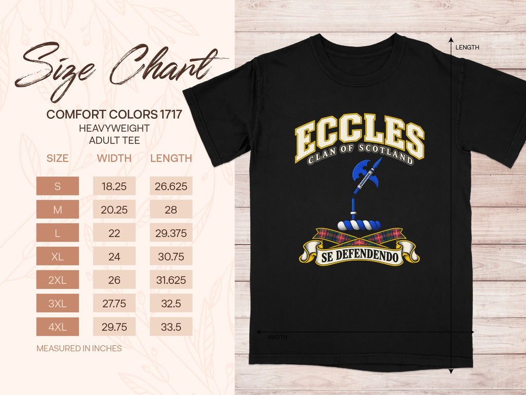 Comfort Colors 1717 size chart for the Eccles Scottish clan T-shirt, adult sizes S–4XL.