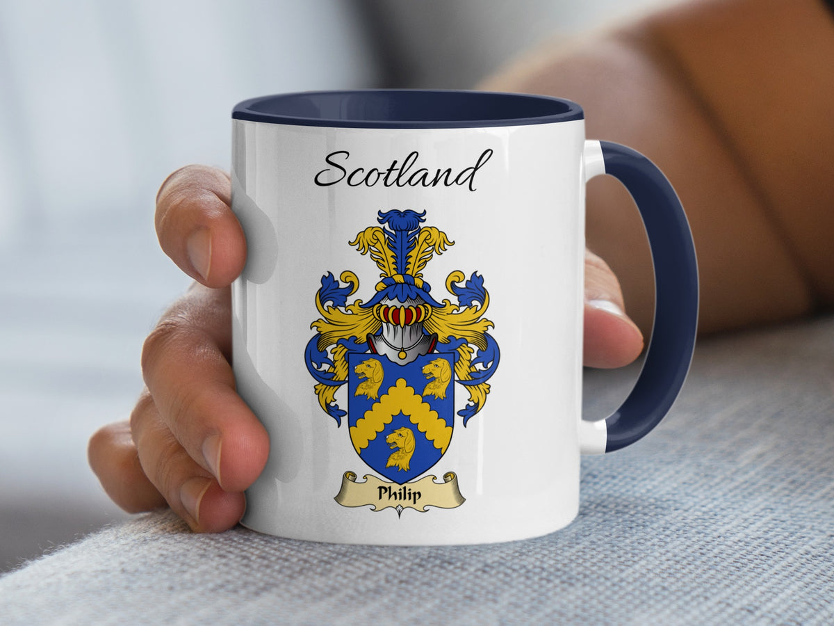 Navy accent 11 oz mug with Philip family shield and Scotland text