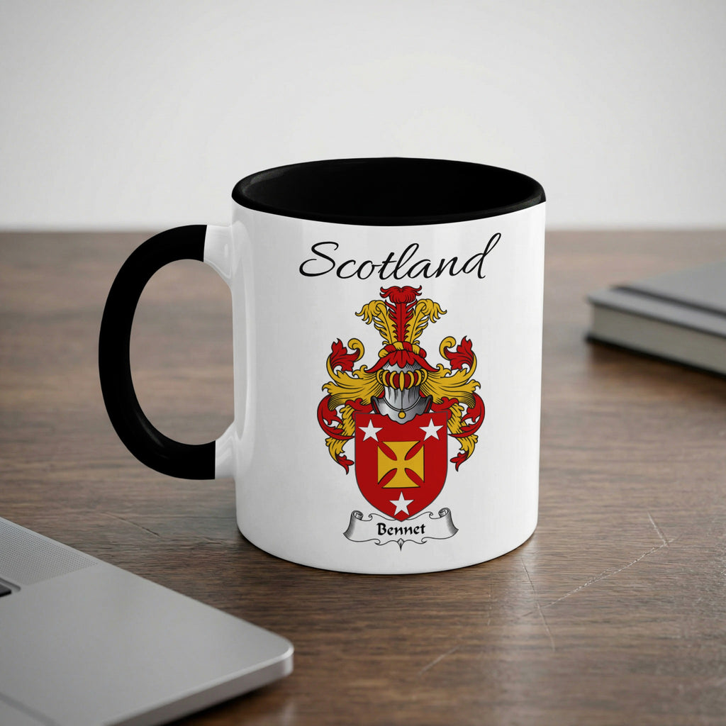 Bennet Scottish family crest accent mug with Scotland lettering and coat of arms artwork