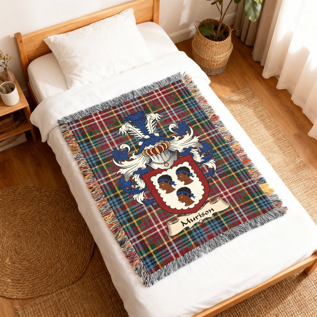 Murison Caledonia tartan heritage woven throw blanket with family shield
