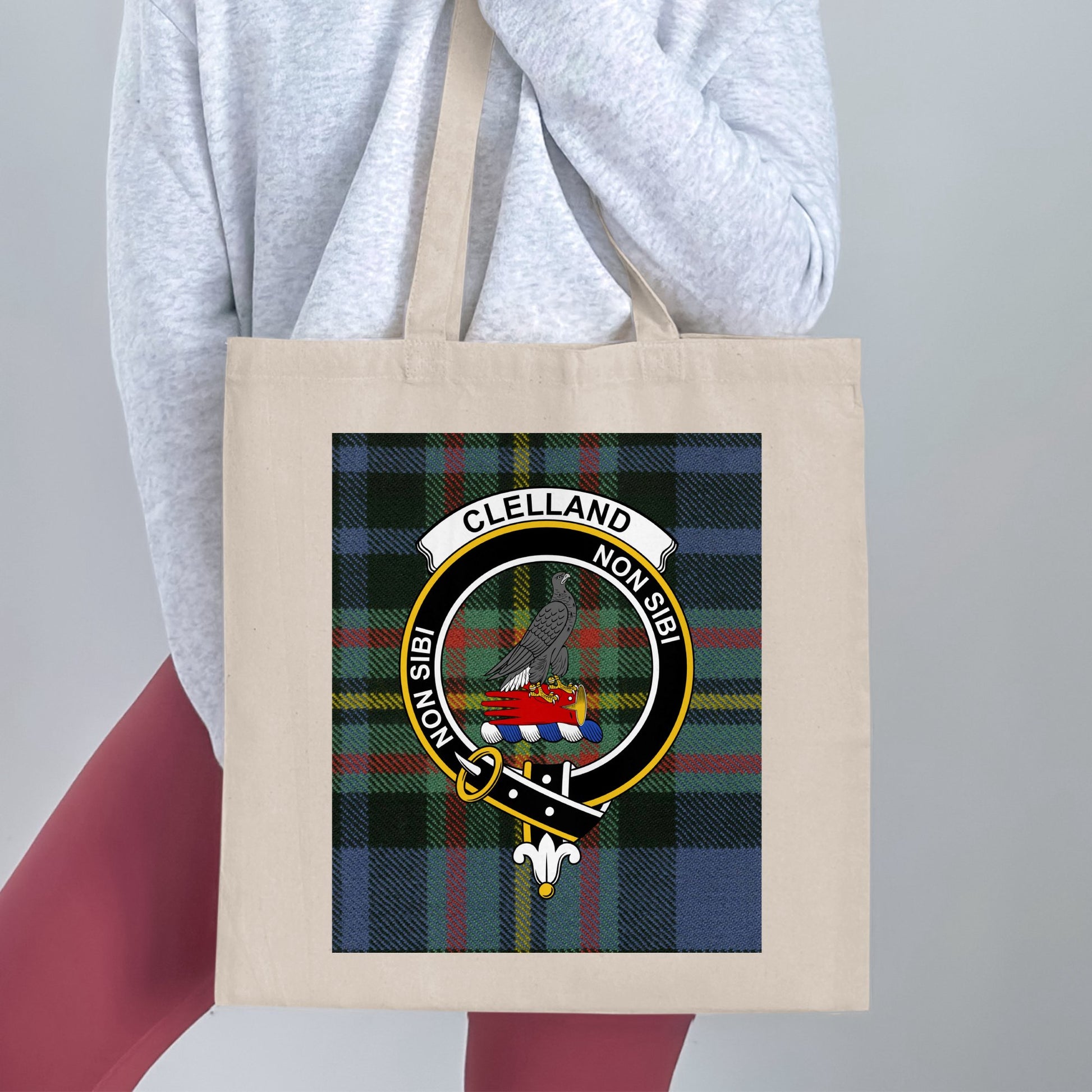 Clelland Clan Crest Scottish Tartan Background Tote Bag - Living Stone Gifts