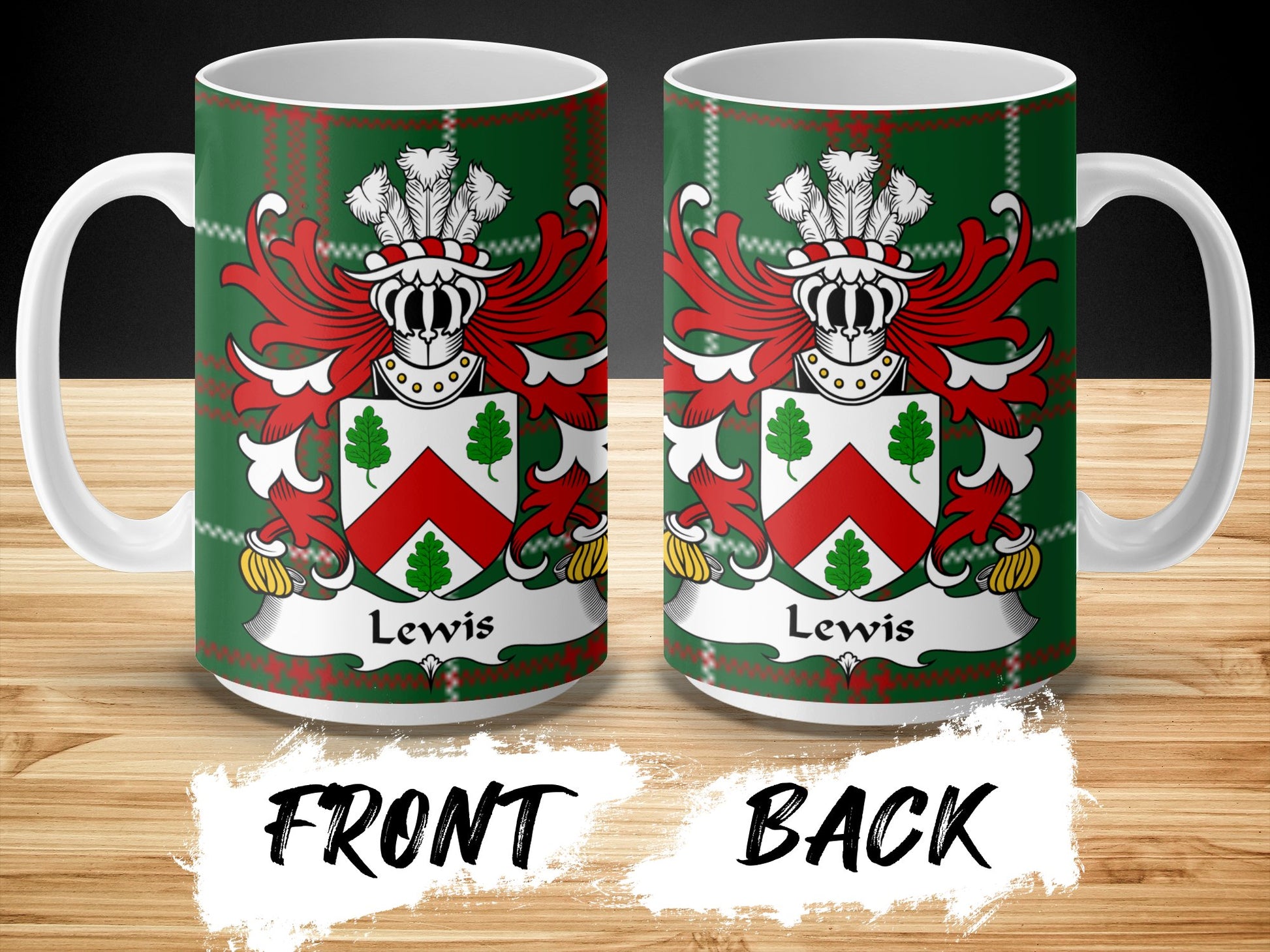 Lewis Welsh Surname Coat of Arms on Tartan Background Mug - Living Stone Gifts