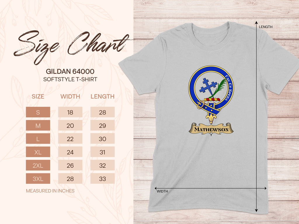 Gildan 64000 size chart for Mathewson Scottish clan crest T-shirt