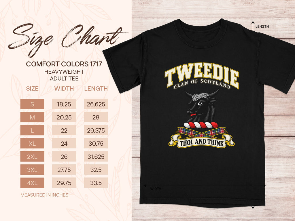 Comfort Colors 1717 size chart for the Tweedie Scottish clan T-shirt, adult sizes S–4XL.