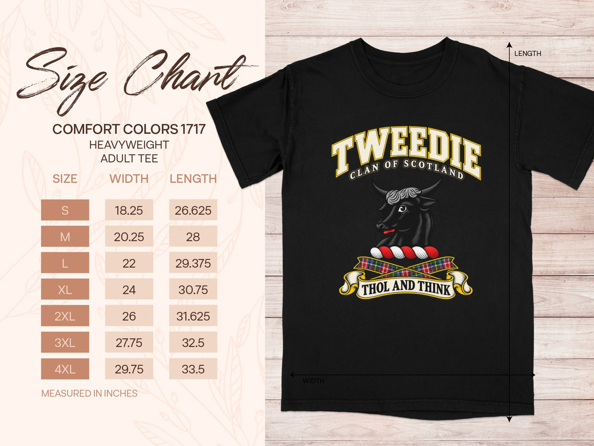 Comfort Colors 1717 size chart for the Tweedie Scottish clan T-shirt, adult sizes S–4XL.