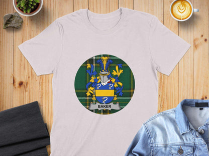 Baker Family Crest on Irish National Tartan Background T-Shirt - Living Stone Gifts