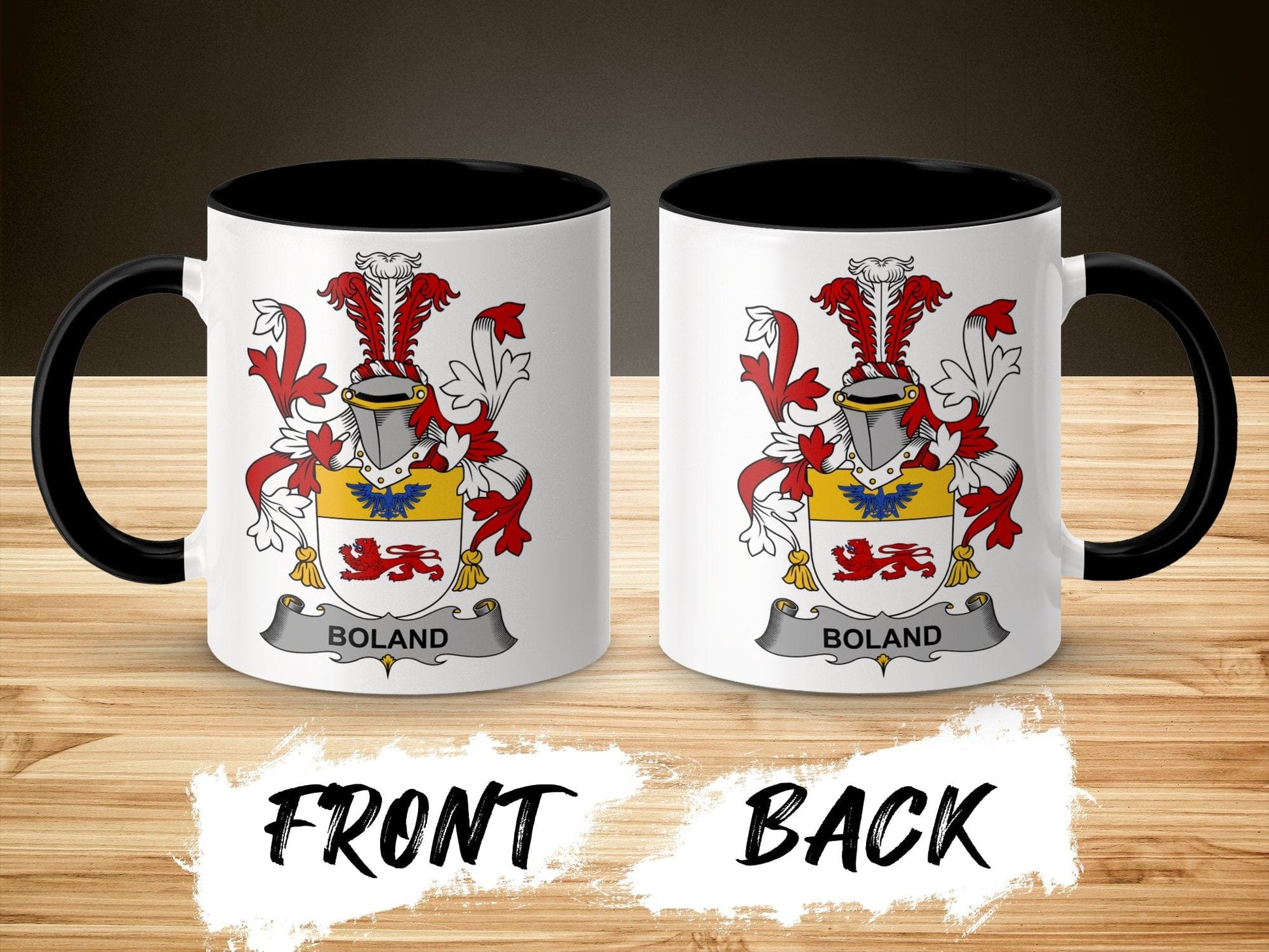 11oz / Black Boland Family Crest Irish Surname Coat of Arms Mug