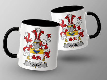 11oz / Black Boland Family Crest Irish Surname Coat of Arms Mug