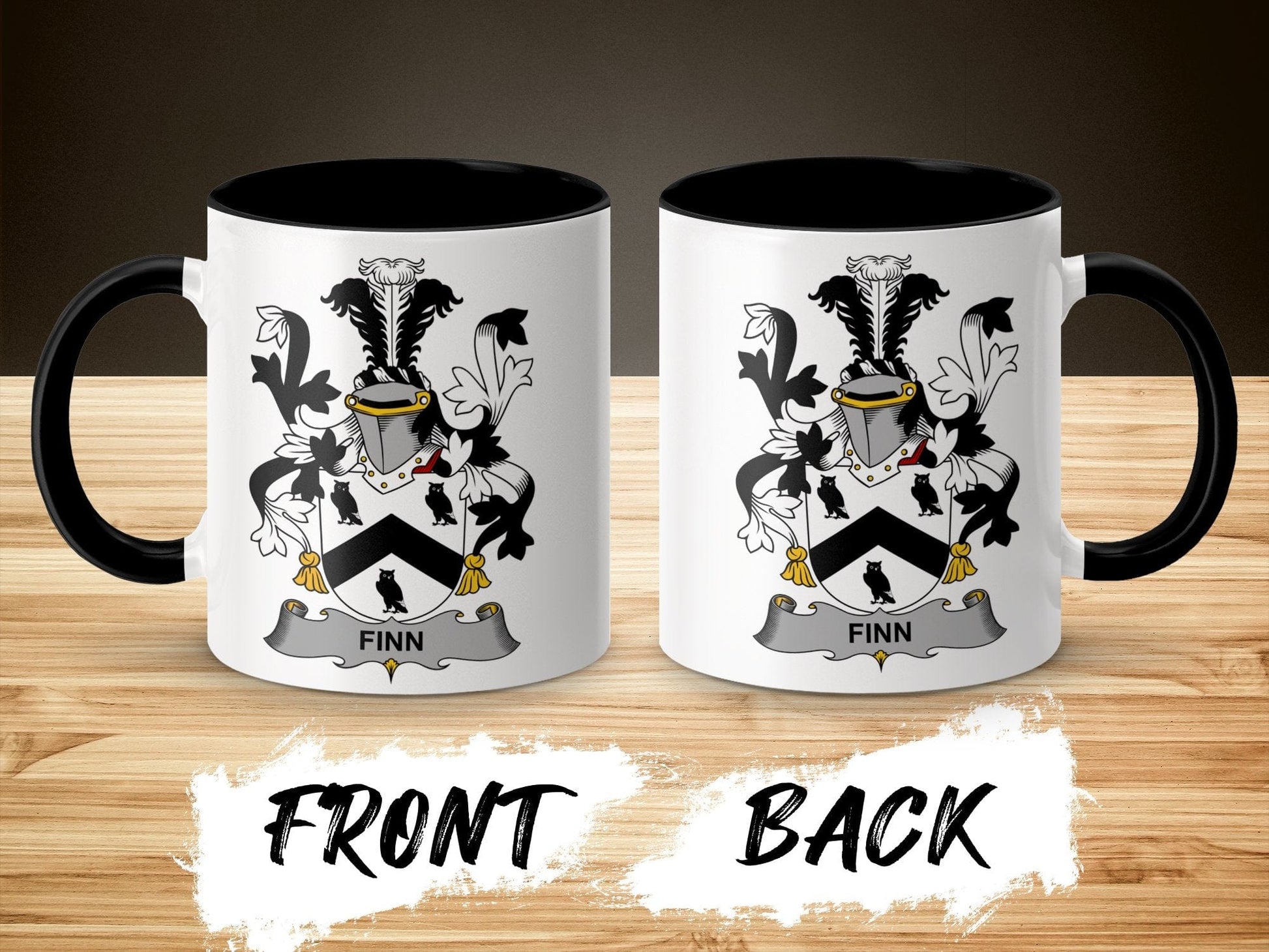 11oz / Black Finn Family Crest Coat of Arms Heritage Mug