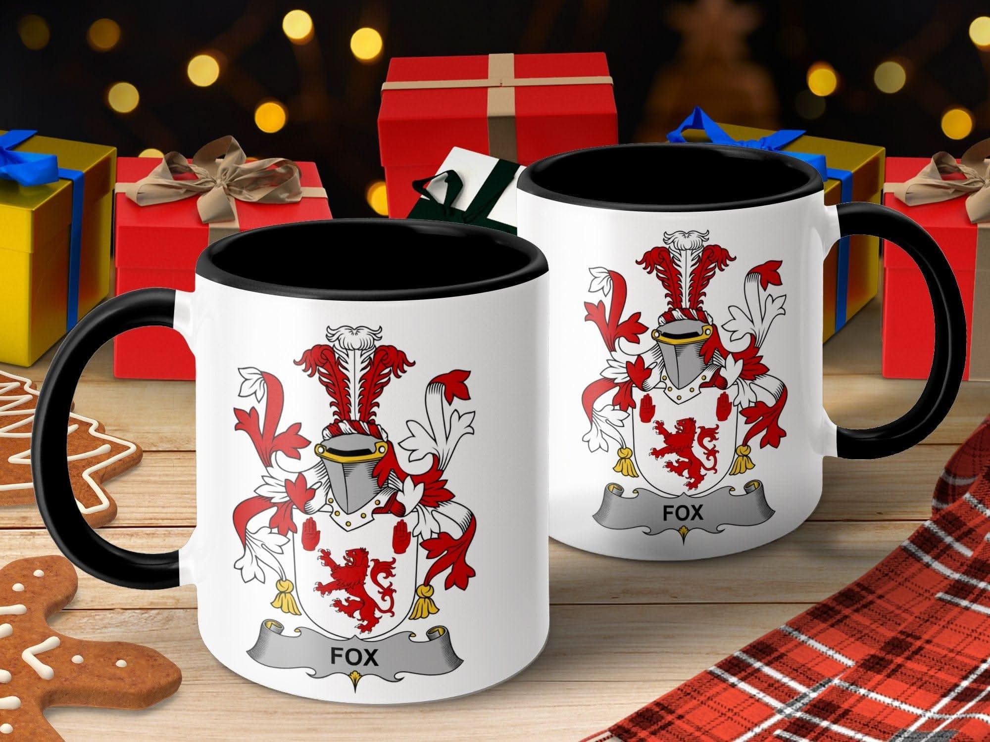 Fox Surname Family Crest Coat of Arms Mug - Celtic Ancestry Gifts