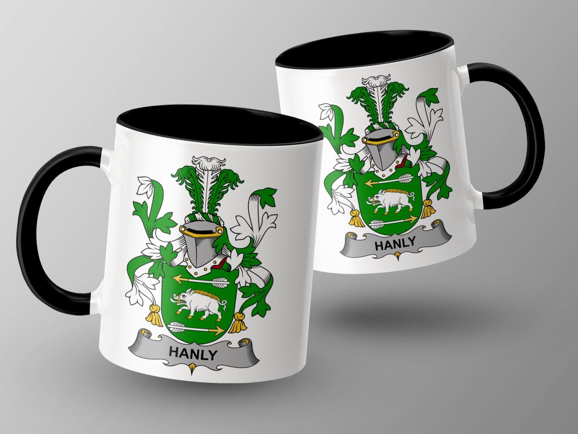 11oz / Black Hanly Family Crest Heritage Emblem Design Mug