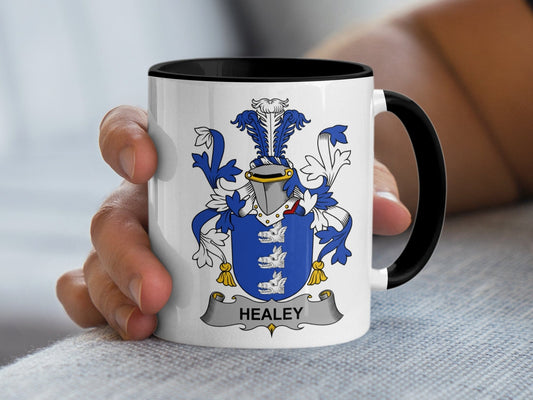 11oz / Black Healey Family Crest Blue and White Coat of Arms Mug