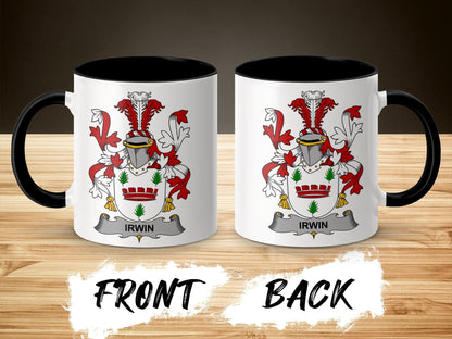 11oz / Black Irwin Surname Family Coat Of Arms Emblem Mug