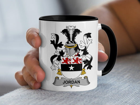 11oz / Black Jordan Surname Family Crest Coat of Arms Mug