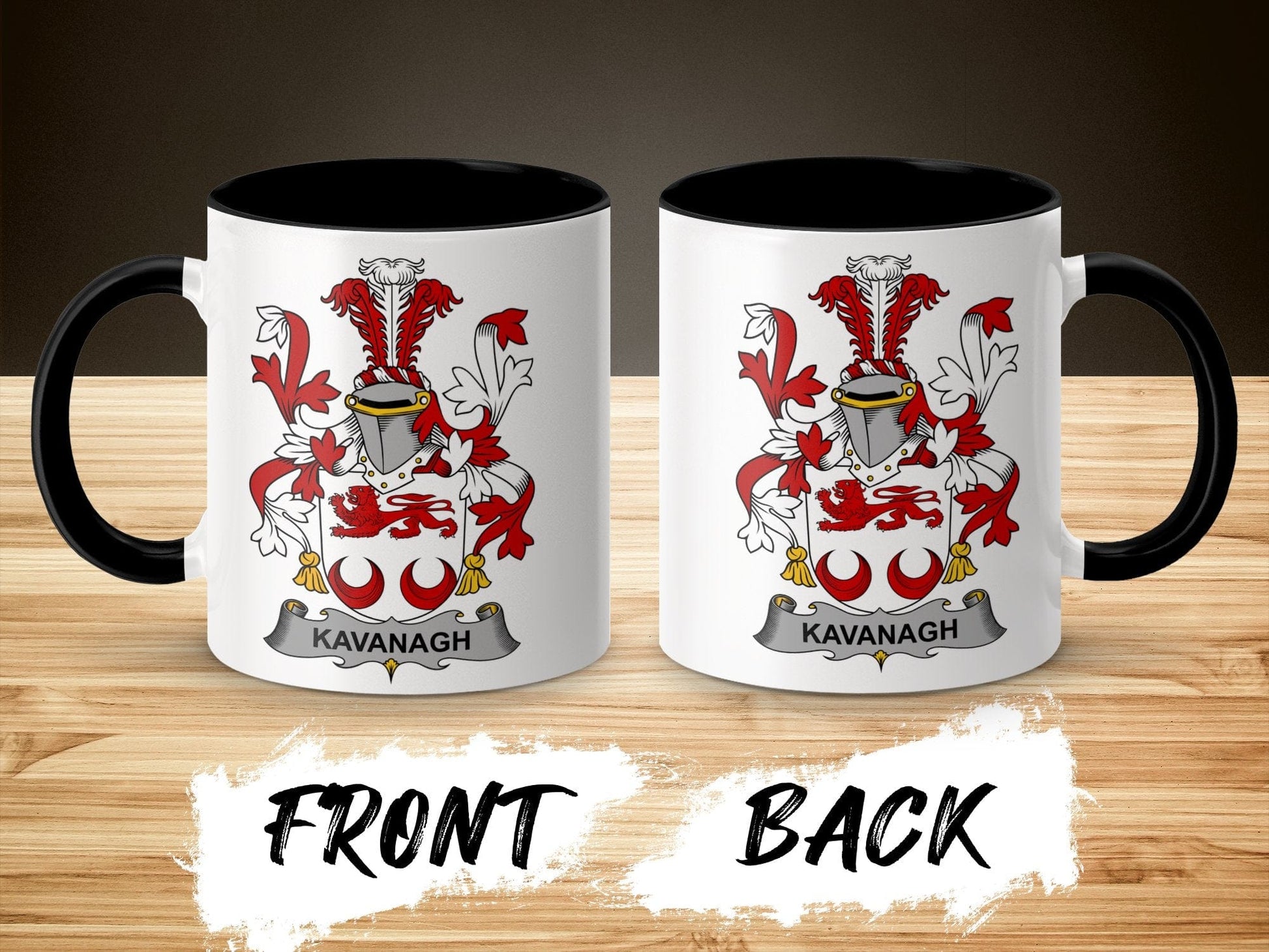 11oz / Black Kavanagh Family Crest Coat of Arms Emblem Mug