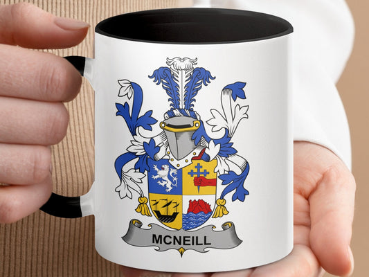 11oz / Black McNeill Family Crest Mug, Heraldry Coffee Cup, Ancestral Name Gift