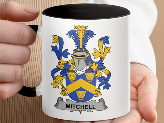 11oz / Black Mitchell Family Crest Mug, Heraldic Mug for Mitchell Name, Unique Family Gift