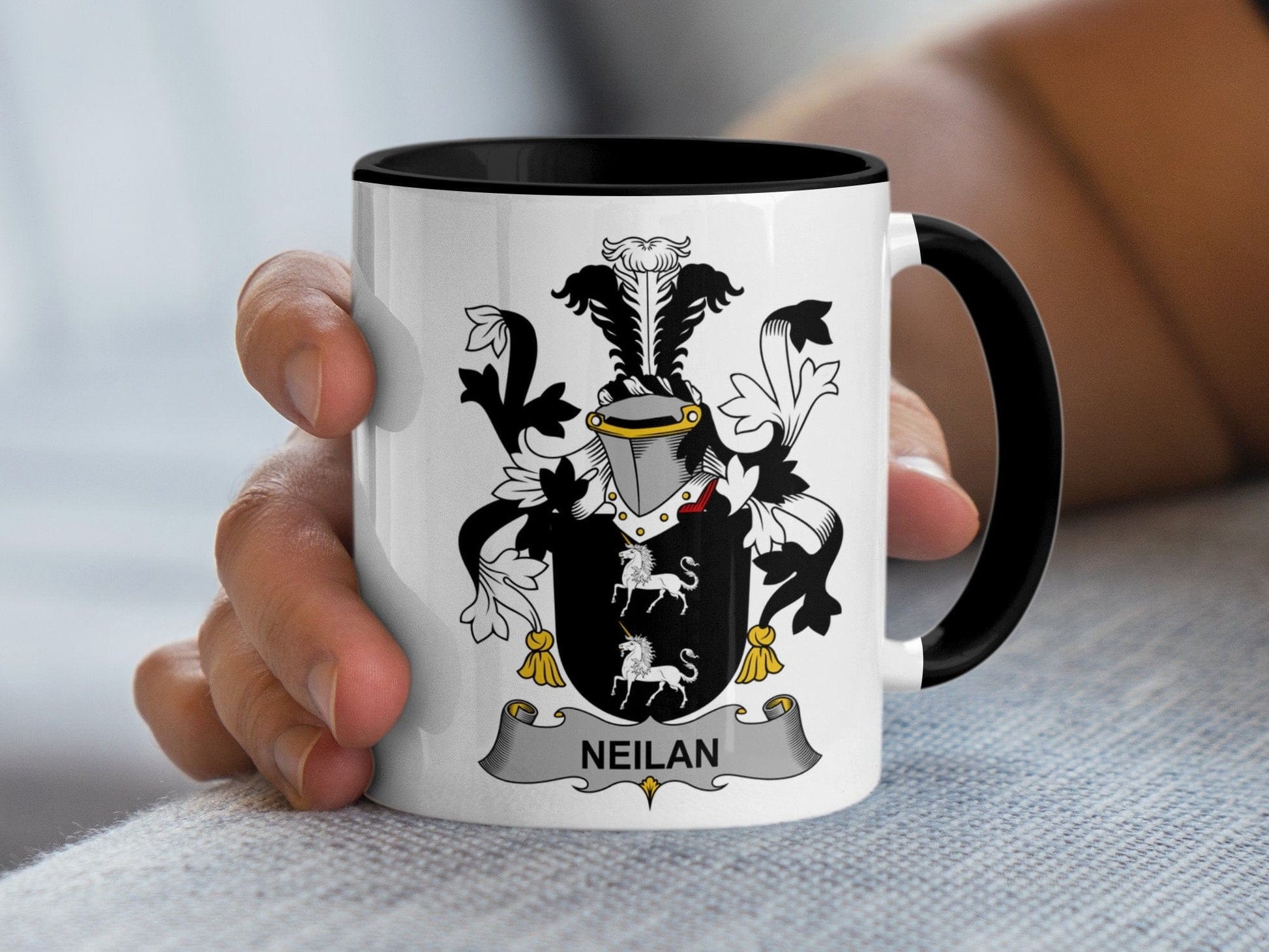 11oz / Black Neilan Surname Irish Family Crest Coat of Arms Mug