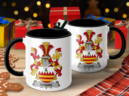 11oz / Black OHare Surname Family Crest Coat of Arms Ceramic Mug