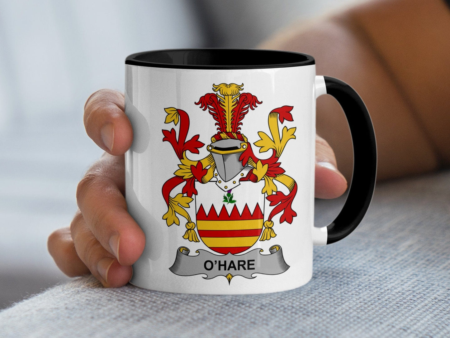 11oz / Black OHare Surname Family Crest Coat of Arms Ceramic Mug