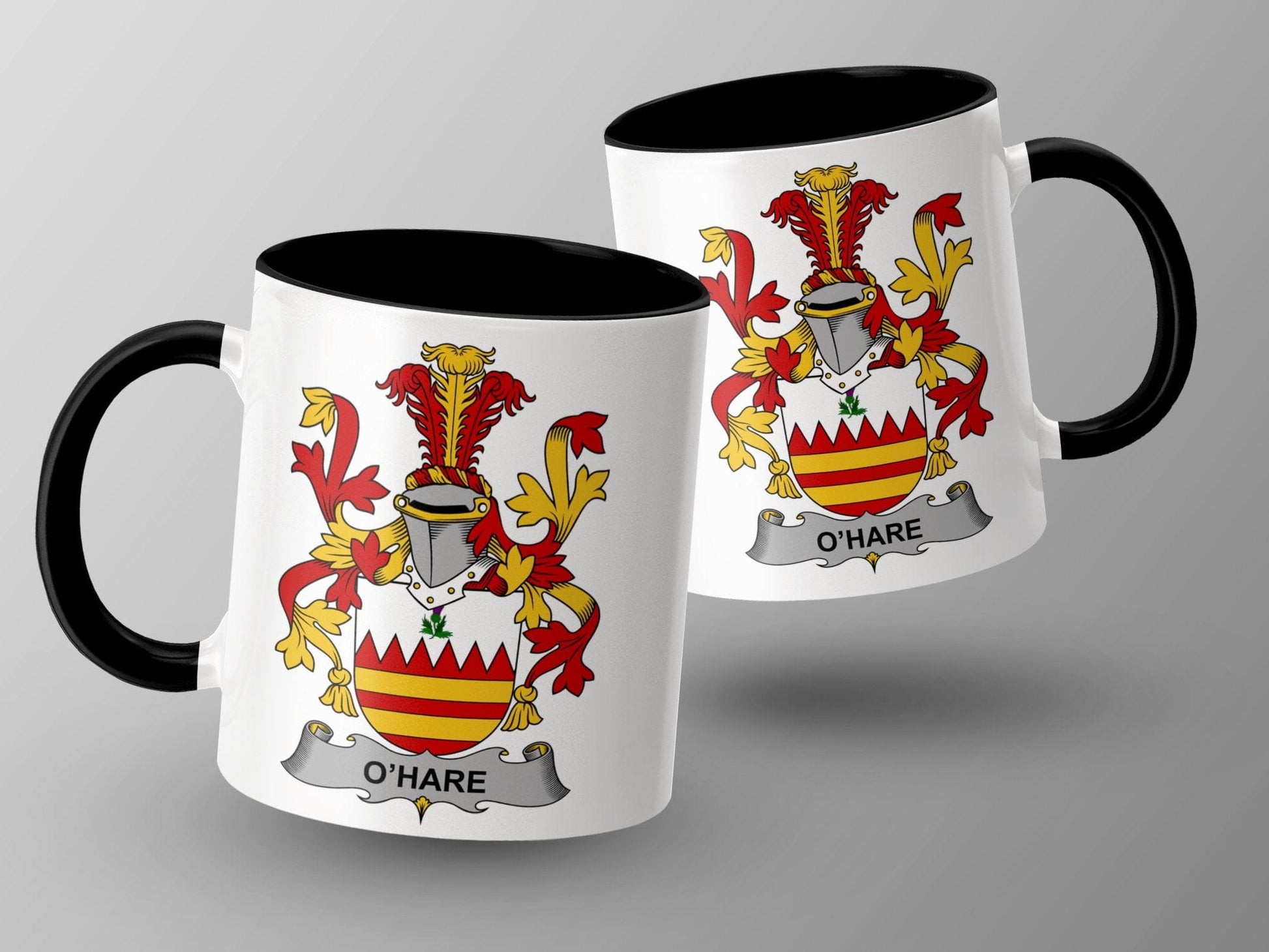 11oz / Black OHare Surname Family Crest Coat of Arms Ceramic Mug