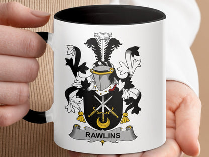 11oz / Black Rawlins Family Crest Coat of Arms Mug, Heraldic Mug, Gift for History Lovers