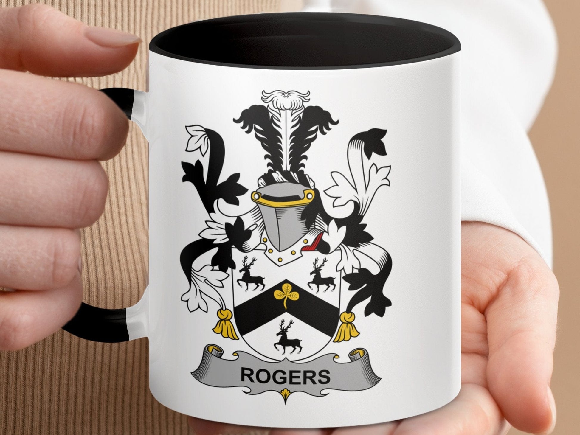 11oz / Black Rogers Family Crest Mug, Coat of Arms Mug, Heraldic Mug, Ancestral Mug