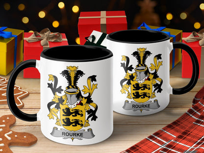 11oz / Black Rourke Family Crest Irish Coat of Arms Coffee Mug