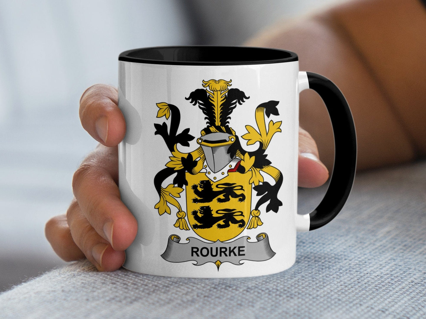 11oz / Black Rourke Family Crest Irish Coat of Arms Coffee Mug