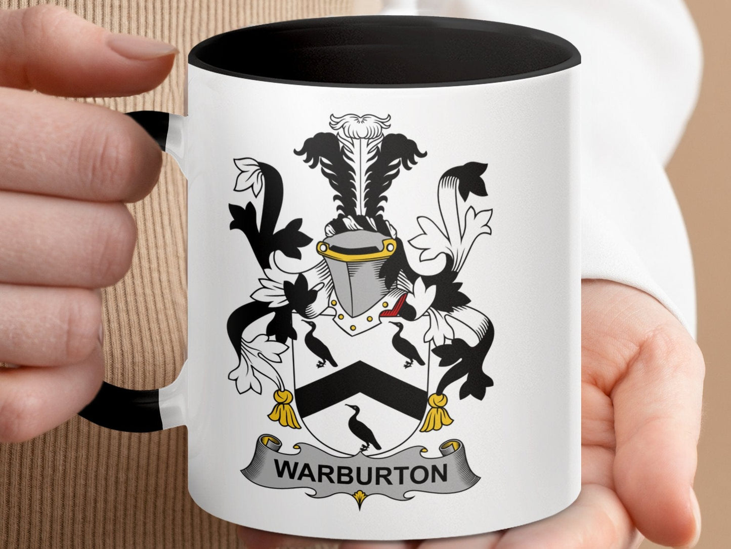 11oz / Black Warburton Family Crest Mug, Heraldry Mug, Ancestral Mug, Coat of Arms Mug, Personalized Gift, Family Emblem Mug, Heritage Mug