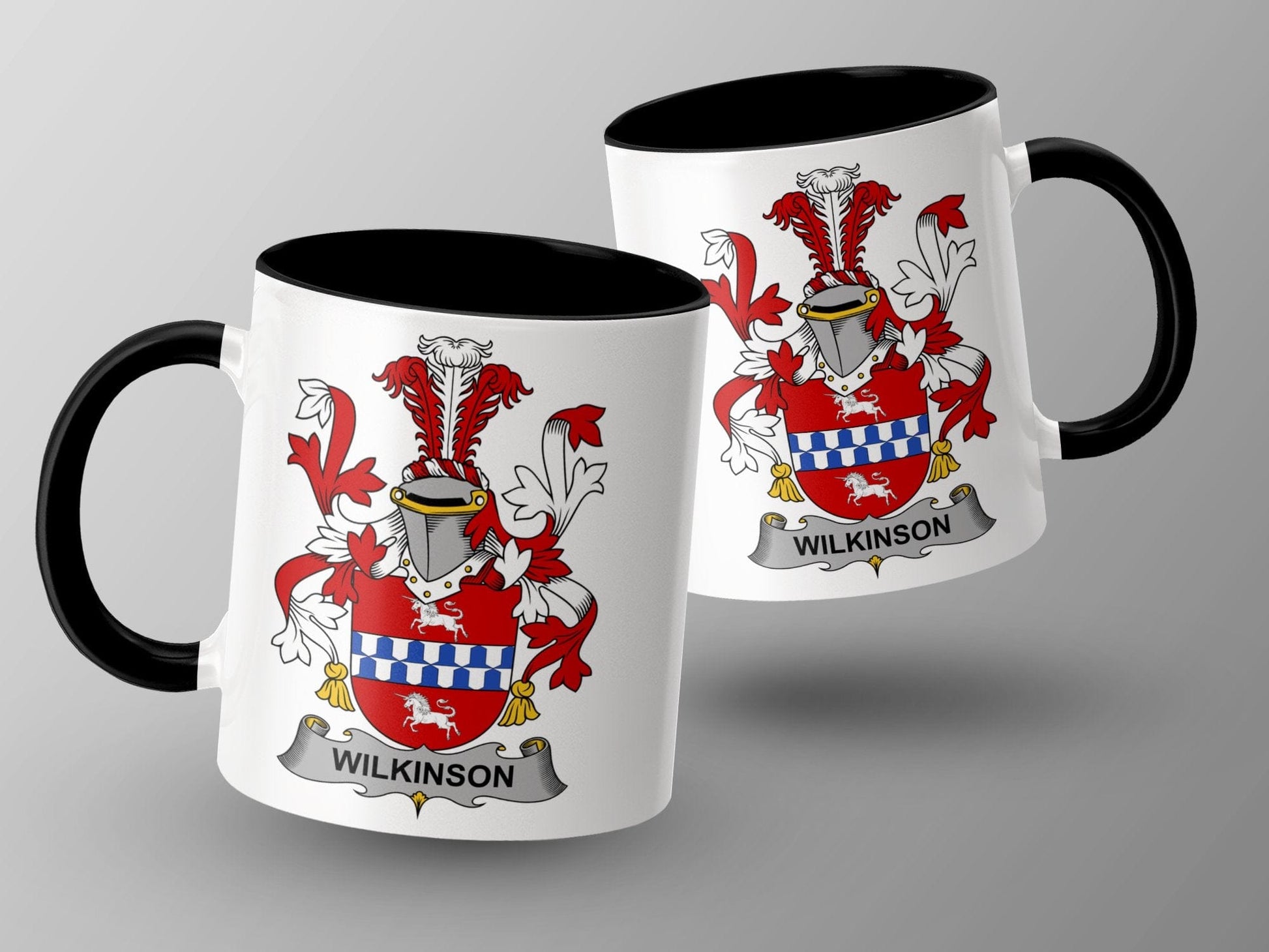 11oz / Black Wilkinson Family Coat of Arms Crest Shield Mug