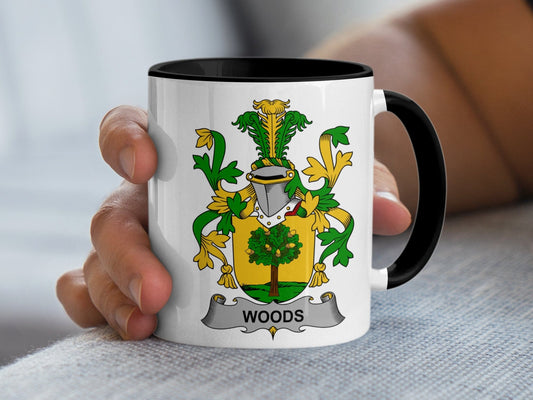 11oz / Black Woods Surname Irish Coat of Arms Family Crest Mug