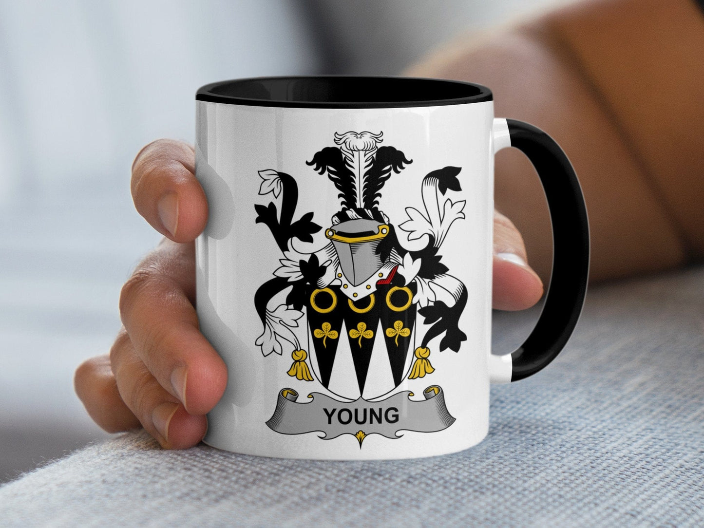 11oz / Black Young Surname Coat of Arms Family Crest Design Mug