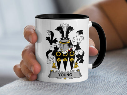 11oz / Black Young Surname Coat of Arms Family Crest Design Mug