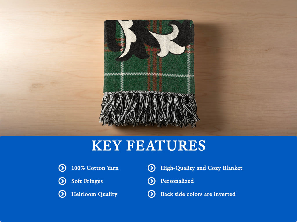 Green plaid blanket with black and white pattern and fringe, listing key features.