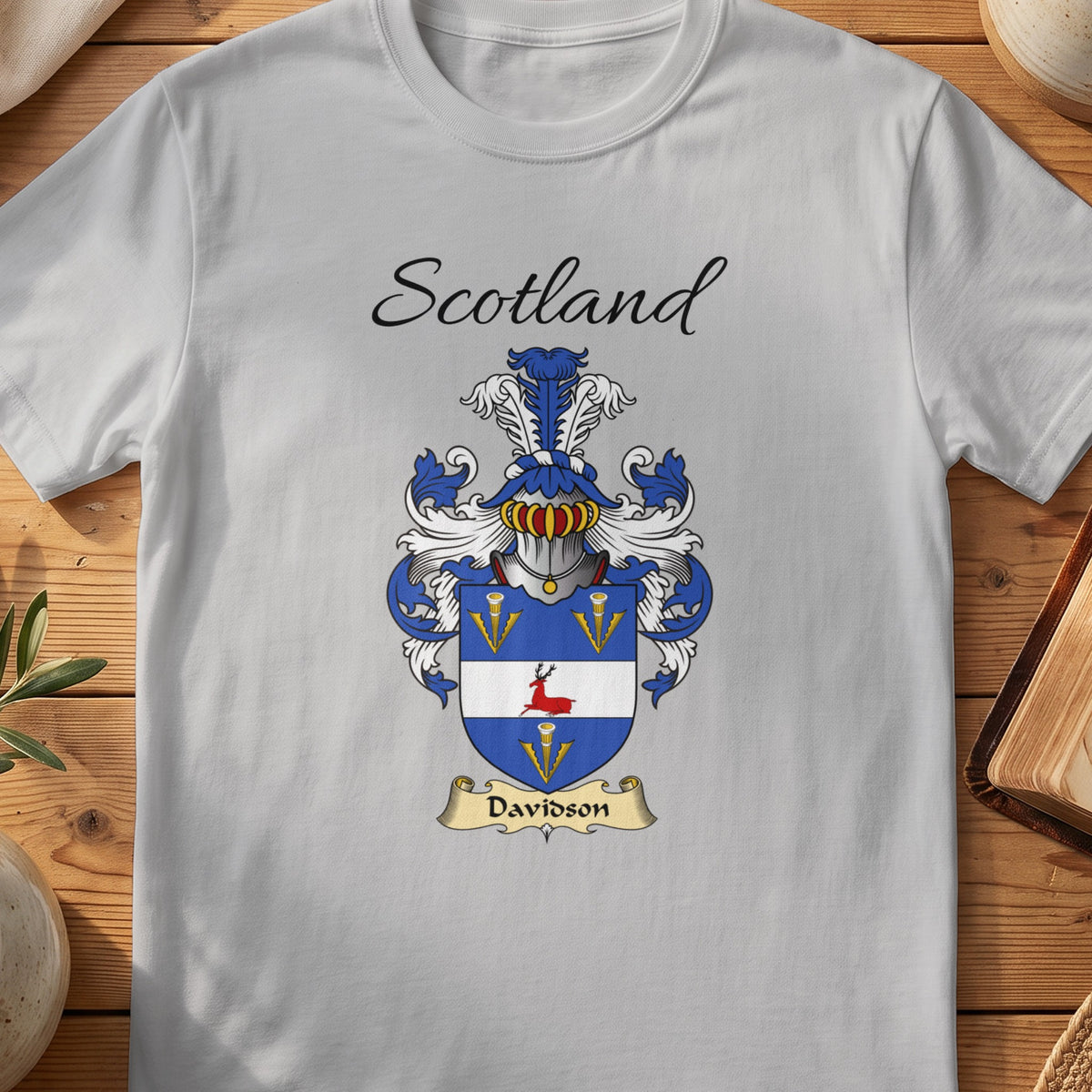 Sport Grey Davidson Scottish family shield T-shirt featuring a blue shield with gold motifs and a white band