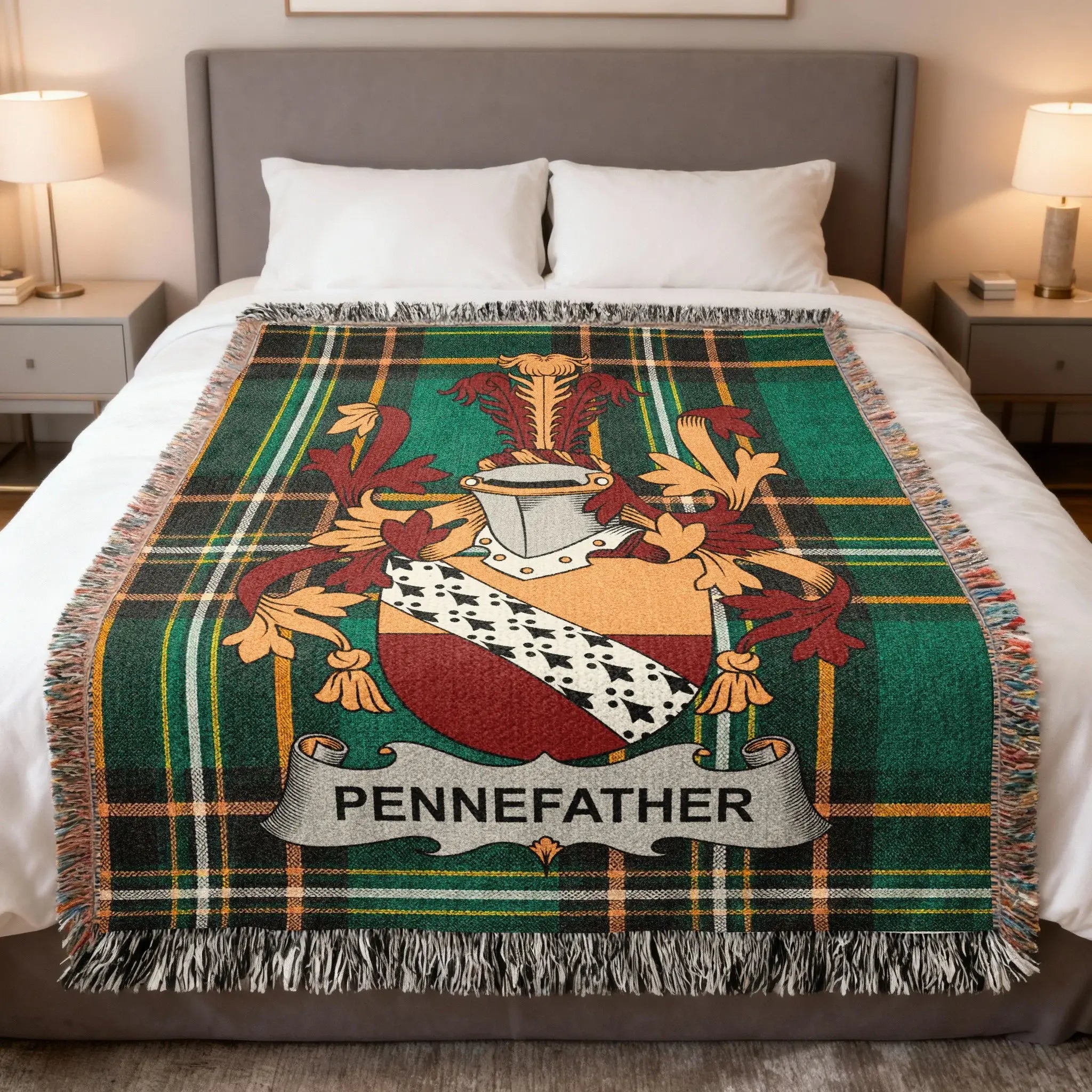 Tartan blanket with Pennefather family crest draped on a bed.