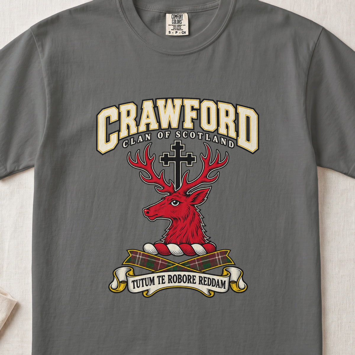 Crawford Scottish clan graphic T-shirt in Pepper, front view