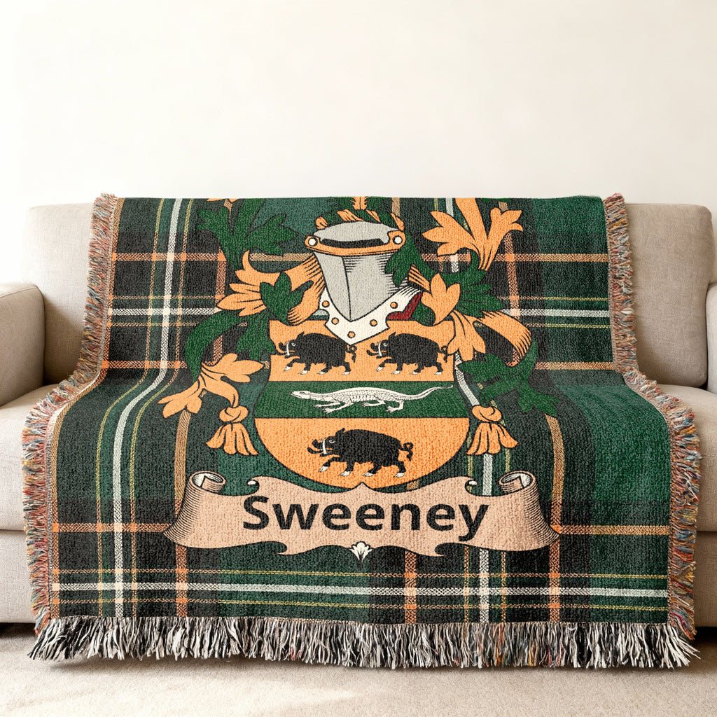Sweeney surname cotton woven throw with Irish tartan-style background