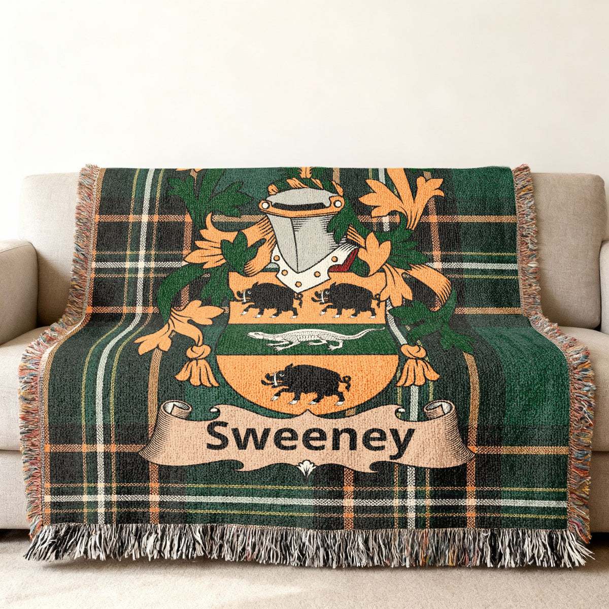 Sweeney surname cotton woven throw with Irish tartan-style background