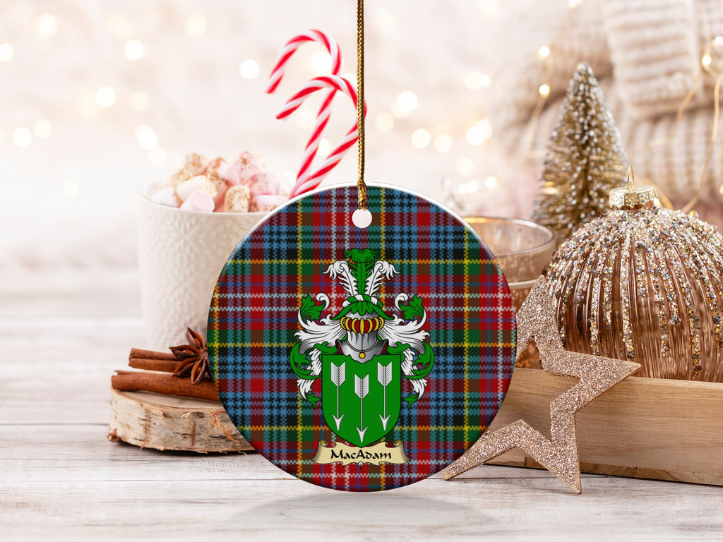 Double-sided MacAdam ceramic ornament with family shield and Caledonia tartan background
