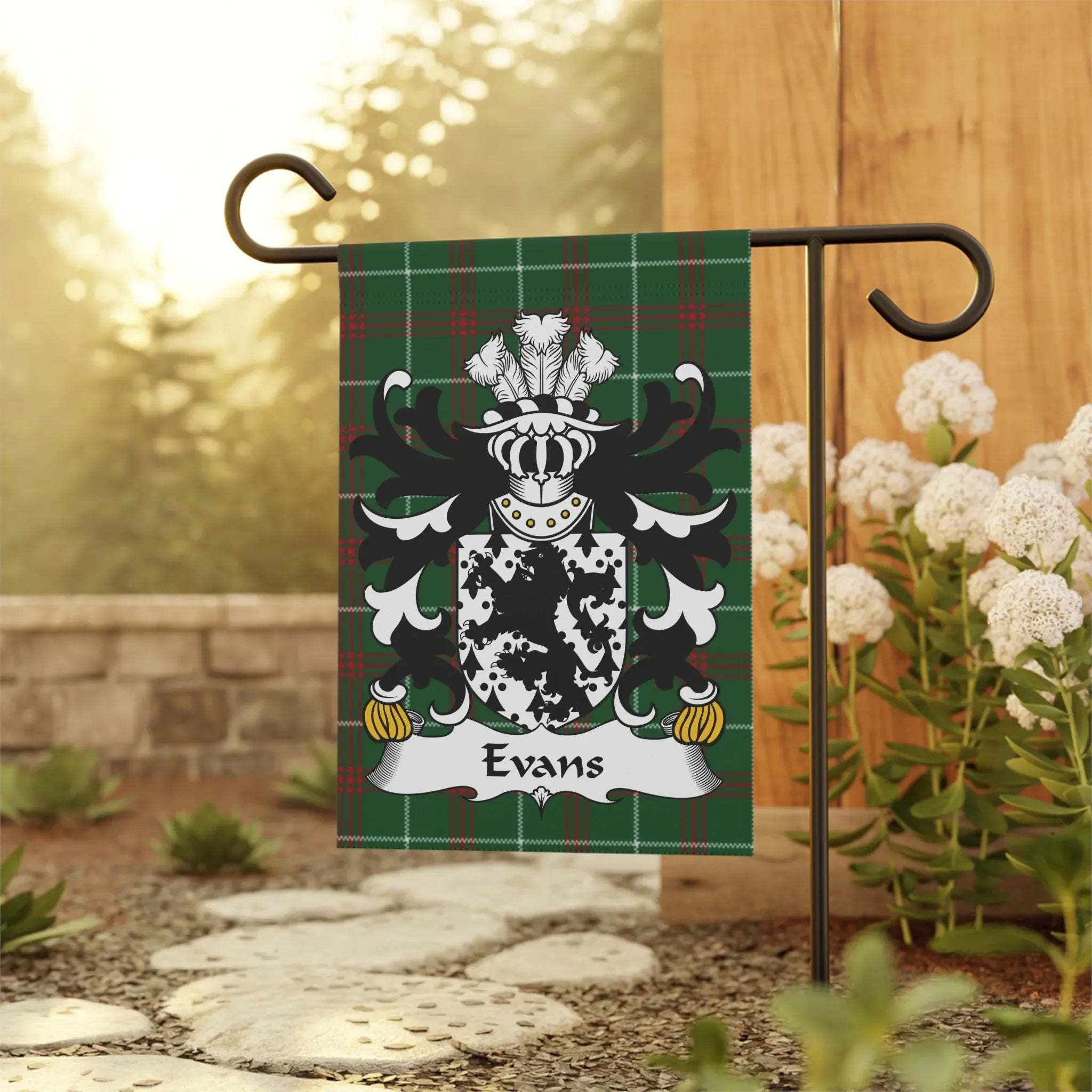 Plaid garden flag with Evans family crest.